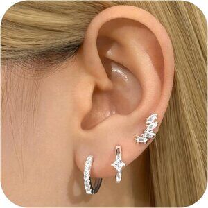 Women Silver Hoop Dainty Tiny Lightweight Cubic Zirconia Mini Cartilage Earring